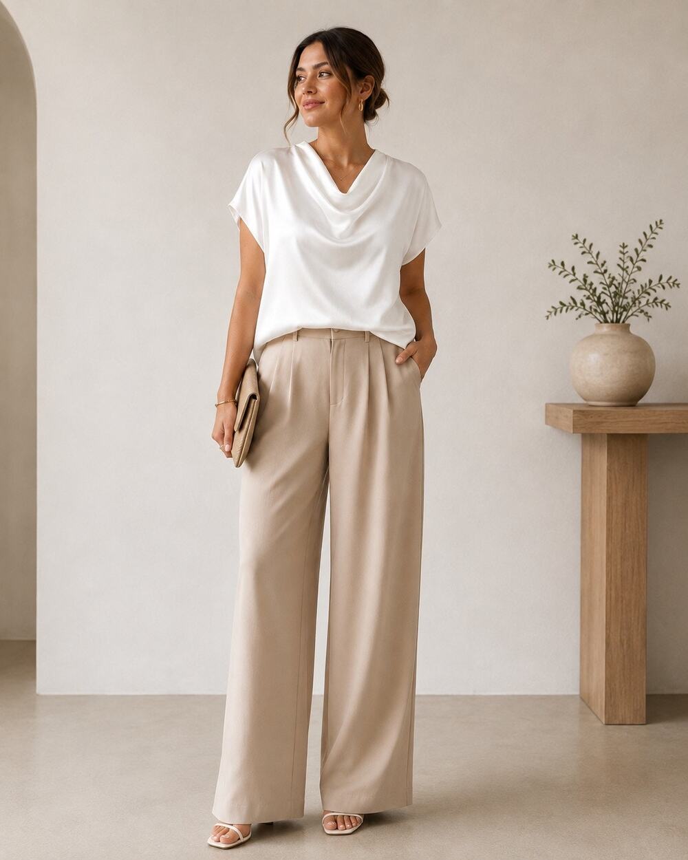 Zara Ivory Satin Cowl Neck Blouse Top XL Quiet Luxury Minimalist Chic